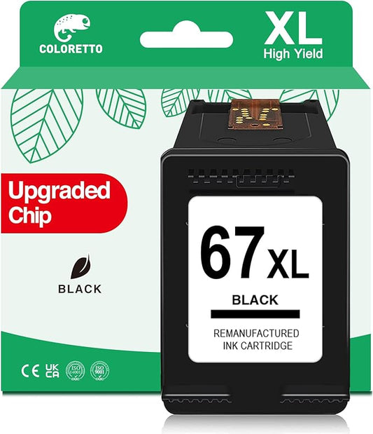 COLORETTO 67XL Ink for HP 67 Black Ink Cartridge 67 XL for Deskjet 2800e 2827e 2855e 2852e 2755e 2700 4200e 4255e 4227e 4100e Envy 6455e 6055e 6000 for HP Ink 67 Black HP67 Ink Cartridges Replacement