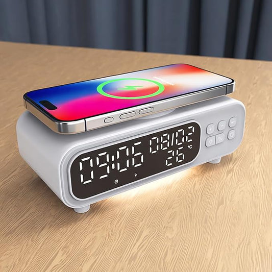 IHAO 5in1 Alarm Clock with Wireless Charging Night Light 15W Fast Charger for Phone and Headphone, LED Digital Display with Date & Temperature, Dimmable for Bedroom & Office-D15 Clock White