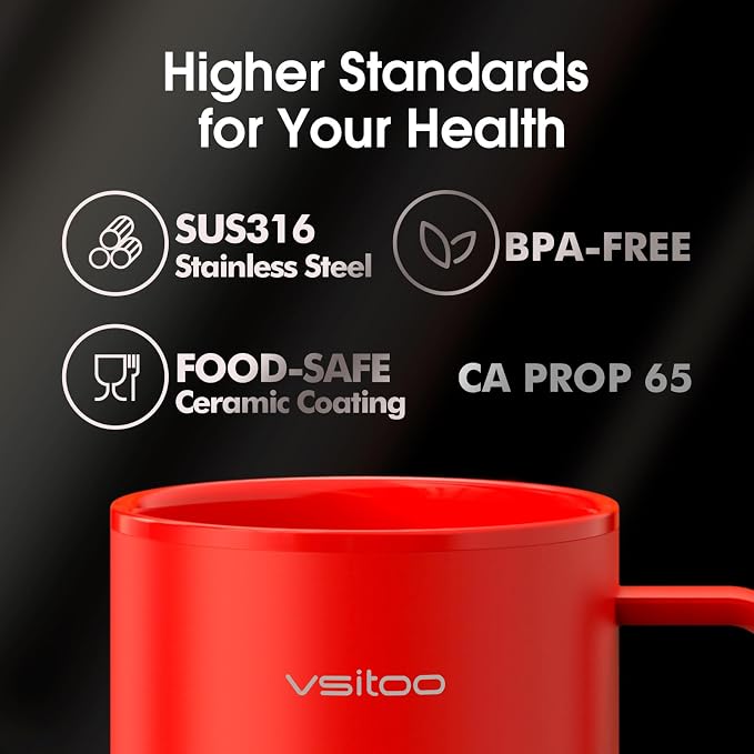 VSITOO S3 Plus 14oz Self Heating Coffee Mug with Auto-Sensing AI - Smart Rechargeable Heated Mug, Temperature Control 120-150℉, IPX7 Waterproof, Coffee Warmer Gift for Women Men- Red