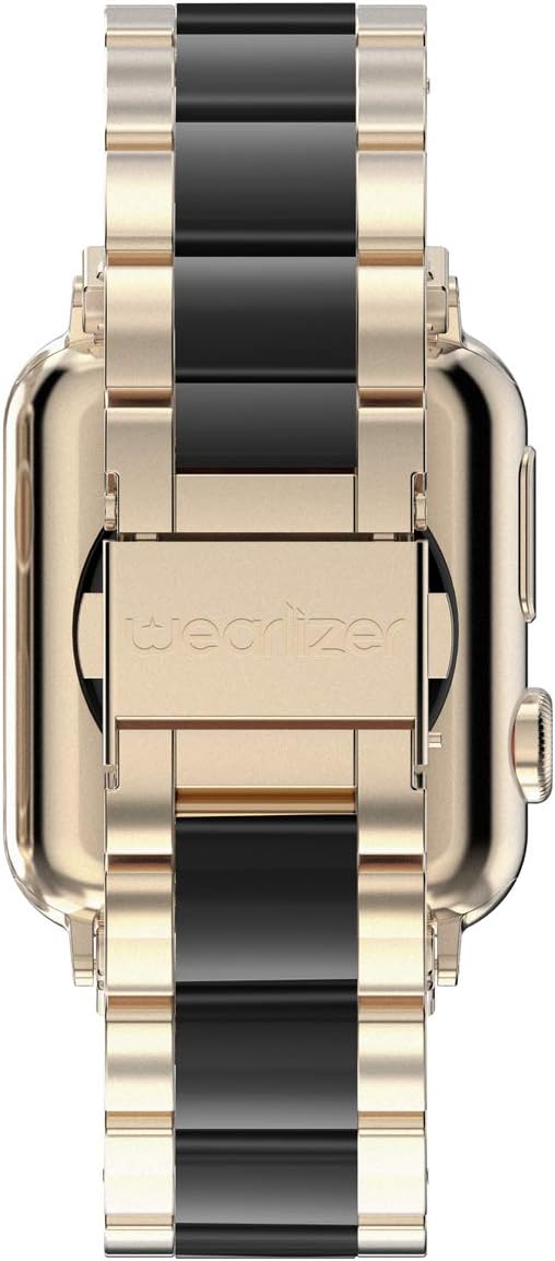 Wearlizer Compatible with Apple Watch Band 42/44/45/46/49mm Womens Stainless Steel Champagne Wristband, Black Resin Replacement Classic Strap iWatch Series 11 10 9 8 7 6 5 4 3 SE/Ultra 3 2 1