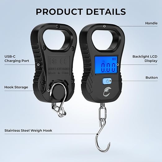 Calamus Lightweight Fish Scale – Rechargeable Digital Scale with USB Cable, 55lb Capacity, Multi-Units Pound/Ounces & Kilograms, High Accuracy, Backlight LCD Display, Fishing Gifts for Men