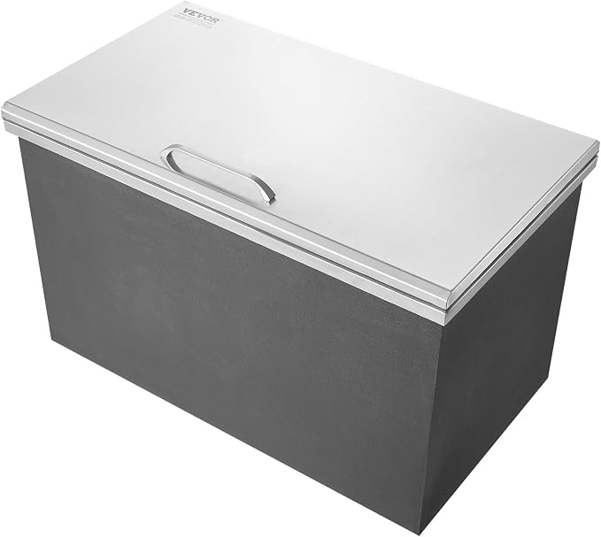 VEVOR Drop in Ice Chest, 24" L x 20" W x 15" H Stainless Steel Ice Cooler, Commercial Ice Bin with Hinged Cover, 40 qt Outdoor Kitchen Ice Bar, Drain-Pipe and Drain Plug Included, for Cold Wine Beer