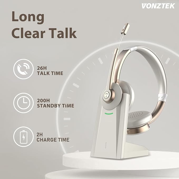 Wireless Headset, Bluetooth Headset with Microphone AI Noise Canceling & USB Dongle, On-Ear Wireless Headphones with Mic Mute & Charge Dock for Work Computer Phone Office Call Meeting