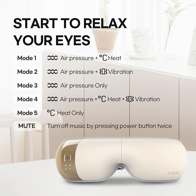 HuBDIC HubiCare Eye Massager with Heat, Mothers Day Birthday Gifts for Women, Her, Men, Him, Vibration, and Music, Heated Eye Mask for Dry Eyes, Eye Strain Relief and Relaxation (Beige)