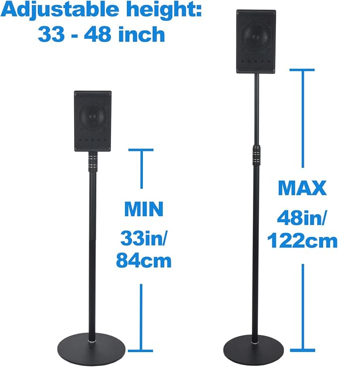 Speaker Stands,All Metal Speaker Stands Pair for Satellite & Small Bookshelf Speakers，Adjustable Height from 33" to 48",Holds up to 8.8 lbs,Easy DIY Assembly,HD-718,2 Packs,Black