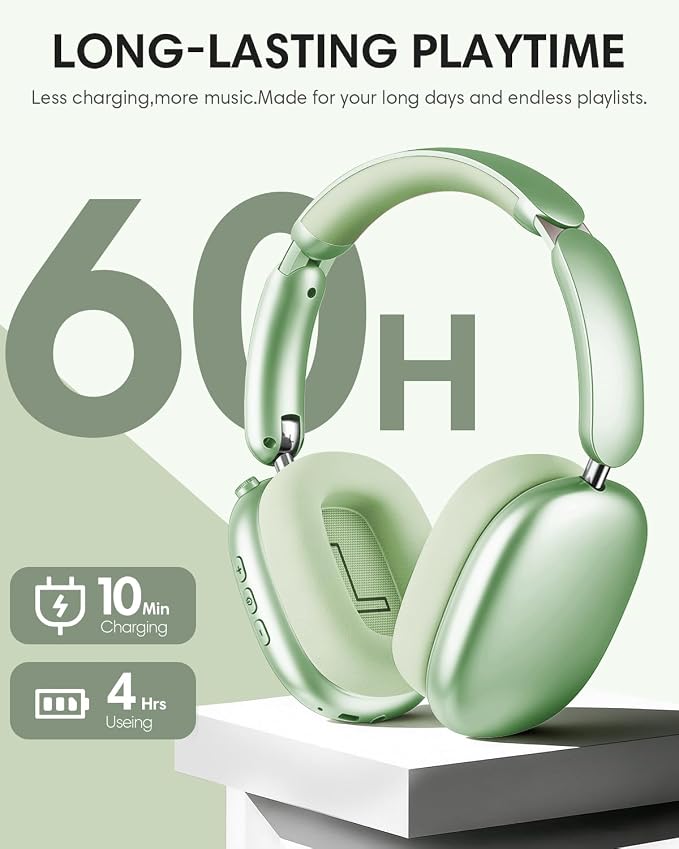 Wentronic Y02 Active Noise Cancelling Headphones, Wireless Over-Ear Bluetooth 5.4 Headphones with Microphone, 60H Playtime, Hi-Res Audio, Big Bass, Foldable Lightweight for Travel Home Office, Green