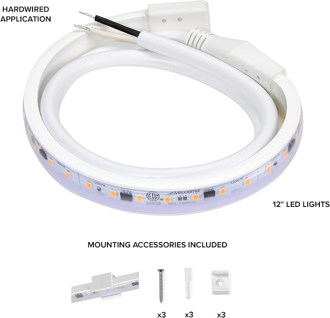 Maxxima 12 in. Hardwired LED Under Cabinet Strip Light, 460 Lumens, 3000K Warm White, Kitchen and Living Room 120V White Cove Lighting, No Power Supply Needed