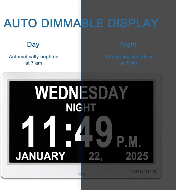 TROCOTN Dementia Clocks, Large Display Calendar Alarm Clock with Auto DST for Seniors, 5 Display Modes Large Font Digital Clock with Custom Alarms Day Date Clocks.(10 Inch White)