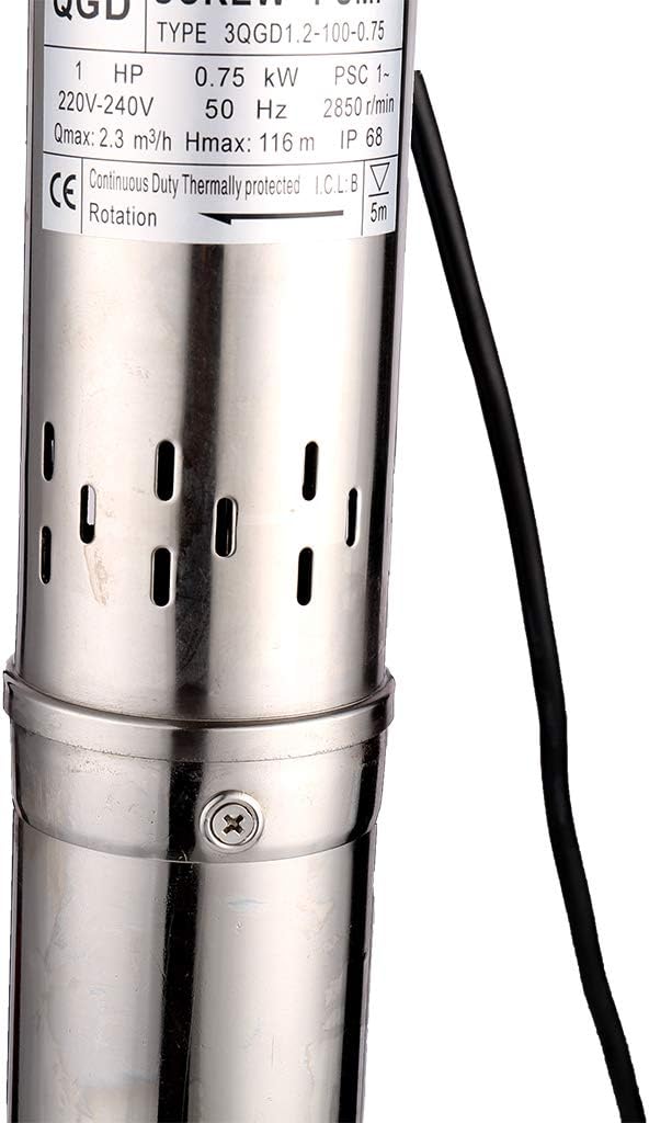 1HP 3" OD Pipe Stainless Steel Submersible Deep Well Pump 328FT 1" Outlet 0.75KW 80mm Bore Screw Water Pumps for Industrial and Home Garden Use,220V/50Hz