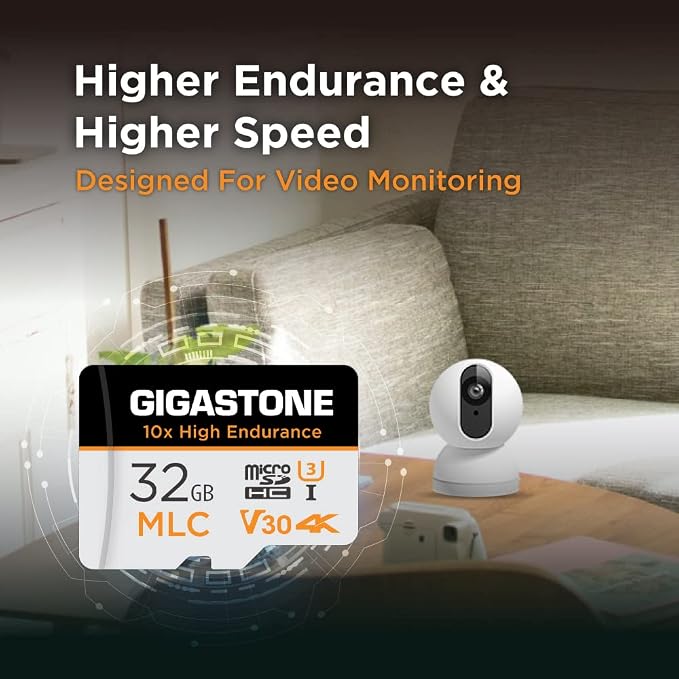 [10x High Endurance] GIGASTONE Industrial 32GB MLC Micro SD Card, 4K Video Recording, Security Cam, Dash Cam, Surveillance Compatible 95MB/s, U3 C10, with Adapter [5-Yrs Free Data Recovery]