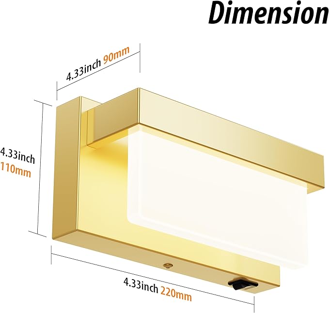 Wall Sconce Gold Wall Light with On/Off Switch 8 inch LED Wall Lamp Acrylic Lampshade 4000K Sconce Wall Lighting