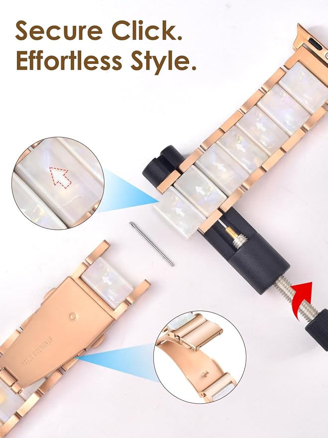 V.R.HOPE Apple Watch Band for Women 42mm 44mm 45mm 46mm 49mm Fashion Rose Gold Stainless Steel Metal Strap with Resin Inlay, Fashion Bracelet Compatible with iWatch Series Ultra3/11/10/9/8/7/6/SE (Fluorescent White+Rose Gold)