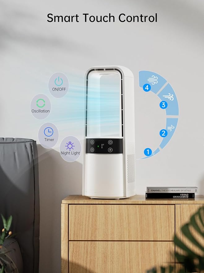 Desk Fan Bladeless, 120° Oscillating Fan Rechargeable, Quiet Fan with Night Light, Smart LED Touch Control, 4 Speed & 9H Timer, Small Table Fan, Auto Display Off, Ideal for Home, Office, Study Room