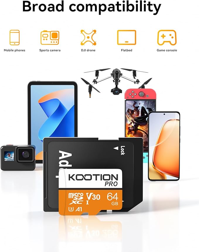 KOOTION Micro SD Card 64GB UHS-I microSDXC Flash Memory Card with Adapter, C10, U3, A1, V30, 4K UHD TF Card