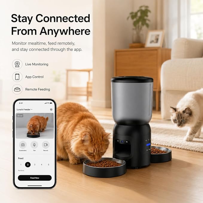 Smart Pet Feeder with Dual 2K Camera & AI Recognition, Dual Bowl Automatic Cat Feeder for Two Cats & Dogs, 6L WiFi Pet Feeder with App Control, 2-Way Audio, Motion Tracking, Anti-Clog Design