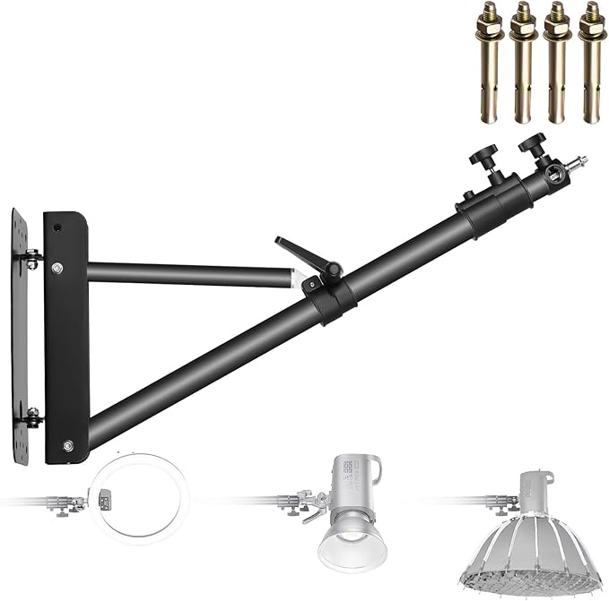 Neewer Wall Mounting Boom Arm with Triangle Base for Photography Studio Video Strobe Light Monolight Softbox Umbrella Reflector, 180 Degree Rotation, Max Length 66.5 inches/169centimeters (Black)