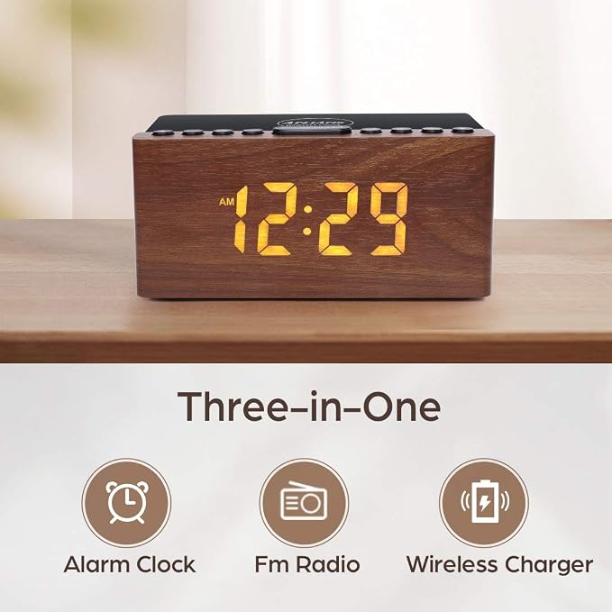 ANJANK Wooden Digital LED Alarm Clock FM Radio, Fast Wireless Charger Station for iPhone/Samsung Galaxy, 5 Level Dimmer, USB Charging Port, 9 Sounds, Sleep Timer for Bedroom, Bedside, Desk