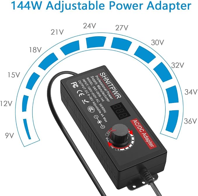 SHNITPWR 144W Universal Power Supply Adjustable DC 36V 30V 24V 20V 19V 14V 12V 9V AC/DC Adapter 100V~240V AC to DC Variable Power Converter 9V ~ 36V 4A 144W Power Adapter with 14 Tips 5.5x2.5mm