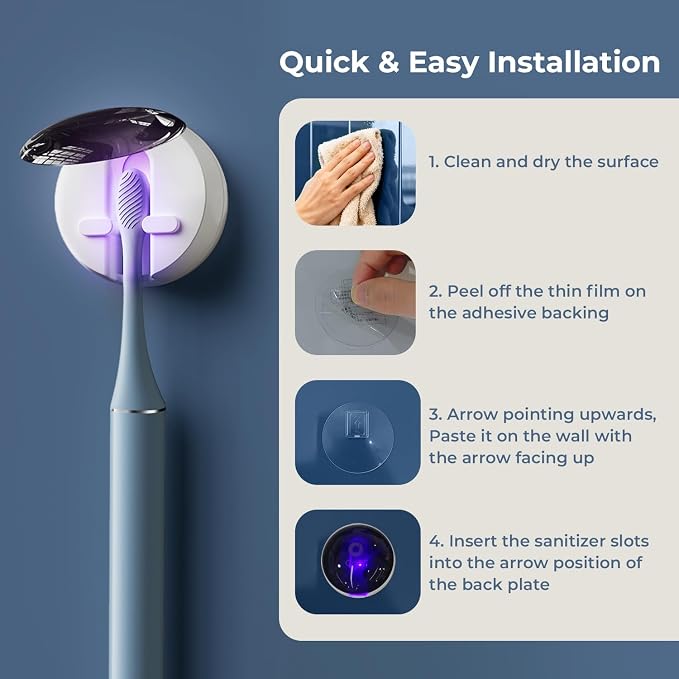 Oday Sonic Electric Toothbrush for Adults with Wall Mounted Toothbrush Sanitizer Holder and 4 Brush Heads, Smart Timer, Wireless Charging, IPX7 Waterproof, 1 Month+ Battery, Blue