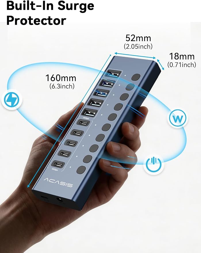 Powered USB 3.2 Hub, ACASIS 10 Ports USB 3.2 Hub(5 USB-A 3.2 Ports+5 USB-C 3.2 Ports), Aluminum USB Hub Powered with 48W Power Adapter, USB Hub for PC/Laptop, Computer, Flash Drive, Printer, Camera