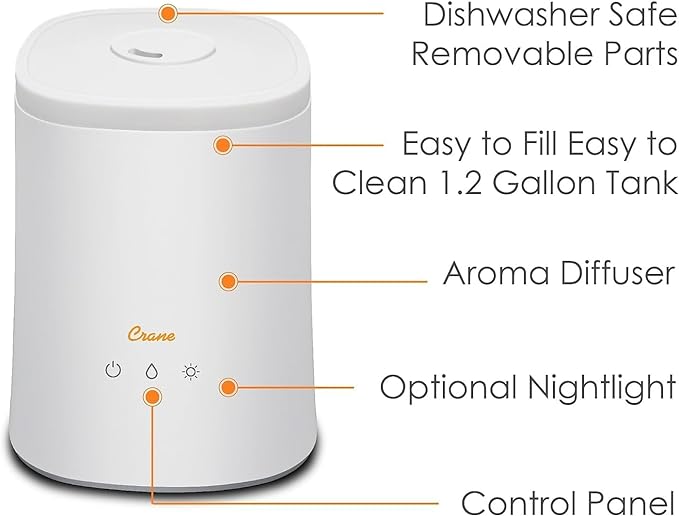 Crane Top Fill Ultrasonic Cool Mist Humidifier for Bedroom and Large Rooms, 1.2 Gallon Essential Oil Diffuser with Nightlight and Auto Shut-Off