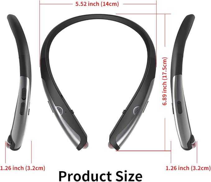 Bluetooth 5.3 Neckband Bluetooth Headphone, Sweat Resistant Noise Cancelling Stereo Headphones, and Retractable Ear Tips for Music, Conference, Videos（Bright Black）