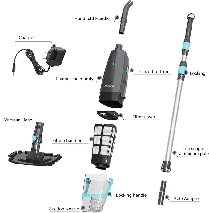 PoolMr Cordless Handheld Pool Vacuum, Rechargeable Pool Cleaner with 18.5 Gal/Min Suction, 60 Min Runtime, Dual-Phase Cleaning System, Ideal for Above Ground Pools, Spas, Hot Tubs, Obsidian