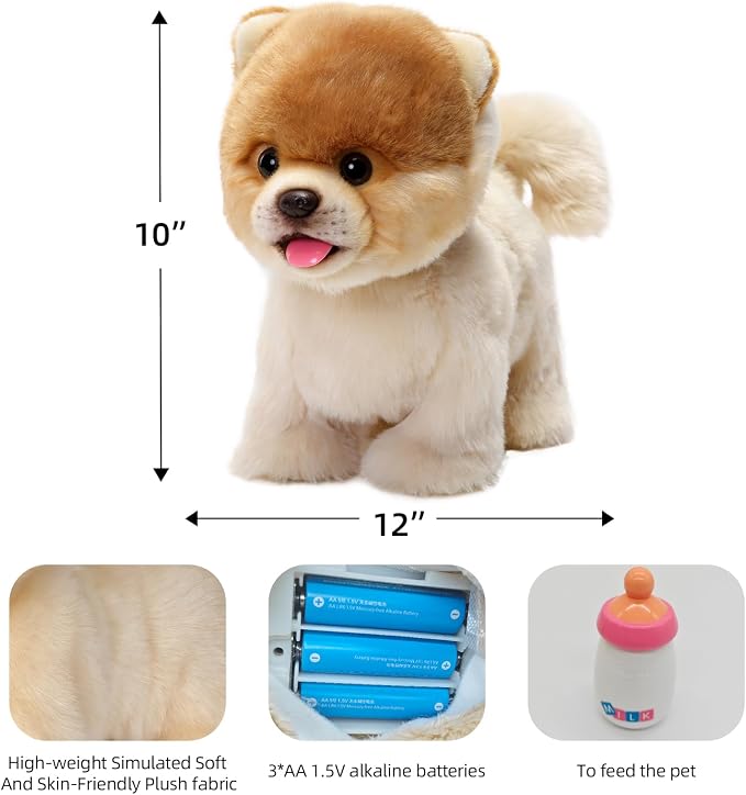 CU-MATE 12" Electric Plush Pomeranian Dog Toys, Electronic Stuffed Animal Dog Toy, Interactive Wuffy Robot Puppy, Walking, Talking, Barking & Wagging Tail, Gifts for Boys and Girls