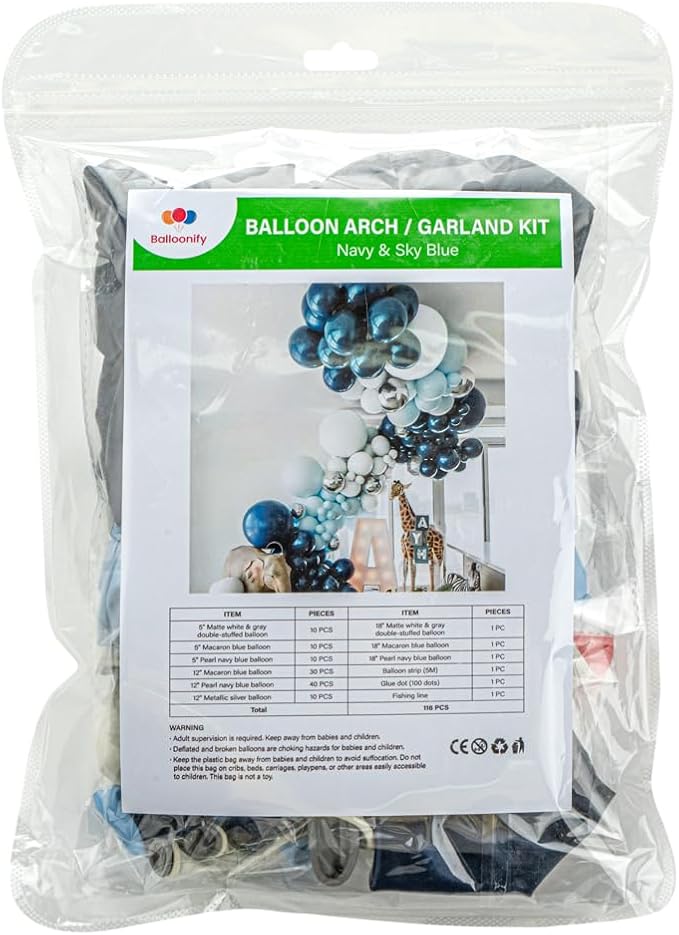 Restaurantware-Balloonify Balloon Garland Set, 1 Party Decoration Kit - 113 Balloons, With Chain, Navy, Sky Blue, & White Latex Balloon Arch Kit, Includes Glue Dots