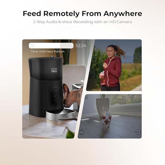 Penthouse Paws Smart HD Pet Feeder, 6L Dry Food Capacity, 1080p Camera, 2-Way Audio, Scheduled Meals, Backup Power, Easy to Clean, Anti-Jam Design for Cat & Dog, Black/Stainless Steel
