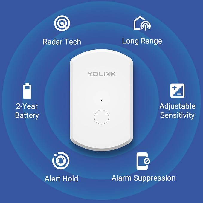 YoLink Indoor Motion Sensor RT, Radar Technology, Long Range, 2-Year Battery Life, Adjustable Sensitivity, Real-Time Alerts, Alarm Suppression, Alert Hold, No-Motion Detection, Hub Required YS7806