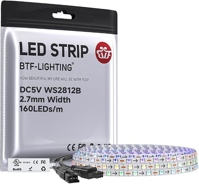 BTF-LIGHTING WS2812B IC RGB 2.7mm Ultra Narrow LED Strip 0807SMD DC5V Individually Addressable 3.2FT 160Pixels/m 160LED Dream Color Tape Light for Home DIY Decoration IP30 (No Adapter or Controller)