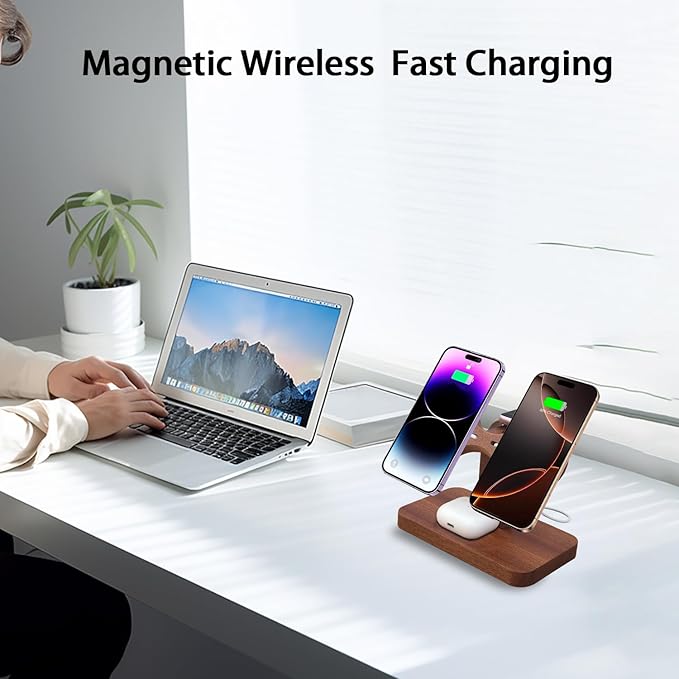 Wood Dual Phone Charging Station Compatible with Magsafe Charger Stand Magnetic Wireless Charger for iPhone 17 16 15 14 13 12 Series iWatch AirPods Wireless Charging Station for Apple Devices