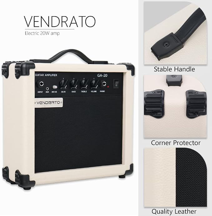 Electric Guitar Amplifier 20w amp Cream White Color gain bass Treble 3.5mm aux in Drive 6.5mm Guitar Input Headphone Portable for Beginner Starter Practice Travel amp noiseless Cable Pick and Adapter