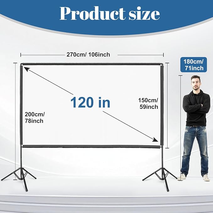 Outdoor Projector Screen with Stand, 120 Inch Portable Projector Screen, Indoor Outdoor Projection Screen 16:9 4K HD Wrinkle-Free Movie Screen with Carry Bag for Backyard Movies Home Theater