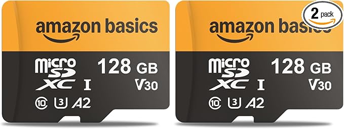 Amazon Basics 128GB microSDXC Memory Card with Adapter for Smartphones, Drones, Cameras, Full HD, Read Speed Up to 200MB/s, 2-Pack