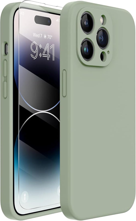 Miracase Designed for iPhone 14 Pro Case with Screen Protector, [Upgraded Camera Protection], Shockproof Liquid Silicone Rubber Phone Case Cover for 14 Pro 6.1 inch, Patina Green