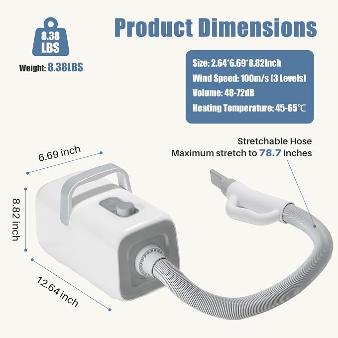 Dog Hair Dryer, Low Noise Pet Dryer for Cats, 1550W High Velocity Pet Blow with Heater for Grooming, Dogs Other Animals Hair Trimmer, White