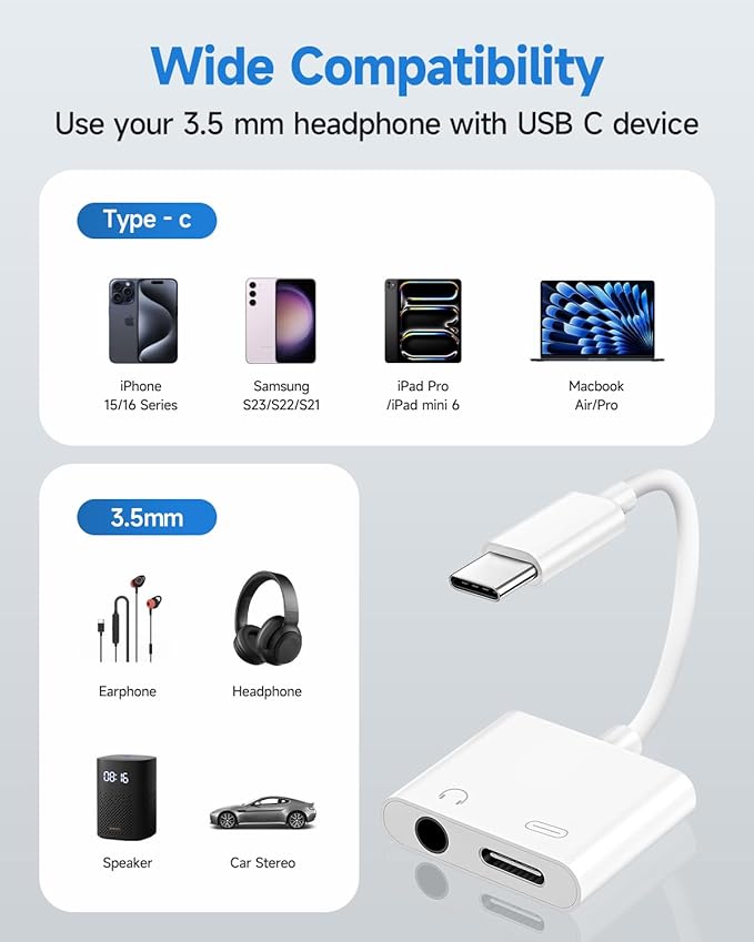 USB C to 3.5mm Headphone and Charger Adapter, Type C to Aux Jack Dongle Cable Cord with PD Fast Charging for iPhone 15/16/17 Pro/Max/Plus, iPad, Samsung Galaxy S23/S24 Ultra, Note 20(1 Pack)