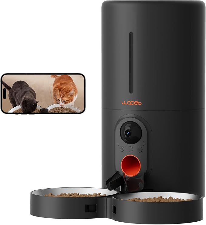 WOPET Automatic Cat Feeder with Camera for Two Cats, 6L Automatic Dog Feeder with HD Video and Night Vision, 5G/2.4G WiFi Pet Feeder for Cats & Dogs, SD Card Storage & 2-Way Audio