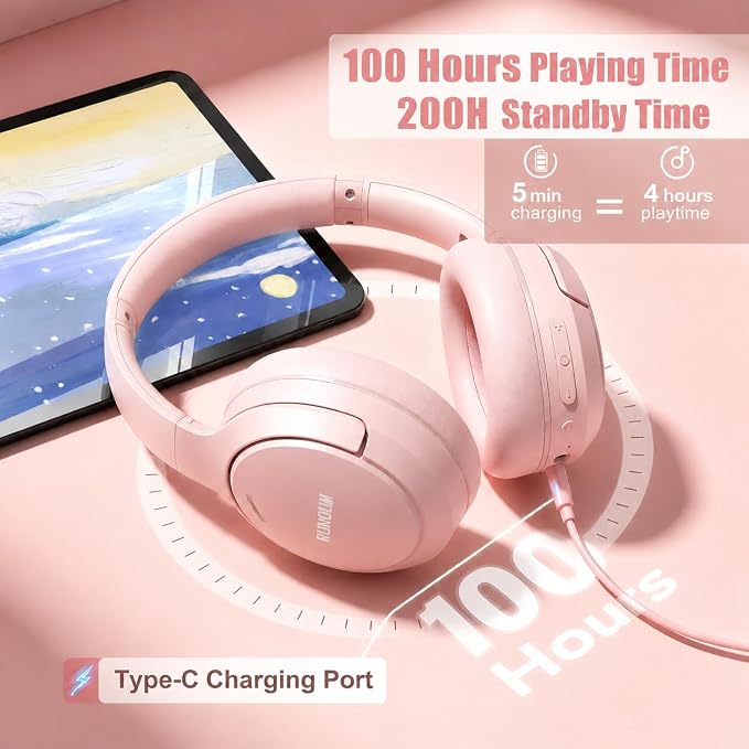 RUNOLIM Hybrid Active Noise Cancelling Headphones, Wireless Over Ear Bluetooth Headphones with Microphone, 100H Playtime, Foldable Headphone with HiFi Audio, Deep Bass for Home Travel Office（Pink）