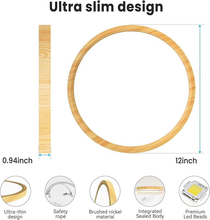 libtit 12Inch 28W Wood LED Flush Mount Ceiling Light, 3200lm Brightness, Adjustable 3000K-6500K Color Temp | Round Lamp for Bathroom/Shower/Hallway/Kitchen, 1 Pack