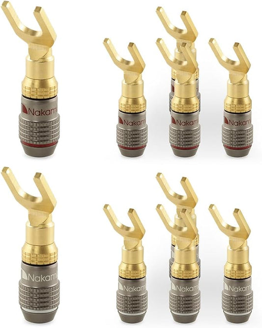 Nakamichi FanLock Excel Series 24k Gold Plated Spade Connector Banana Plug 10 AWG - 18 AWG Gauge Size 4mm for Speakers Amplifier Hi-Fi Home Theatre Wire Cable Quick Connector, 10 Pcs (5-Pairs)