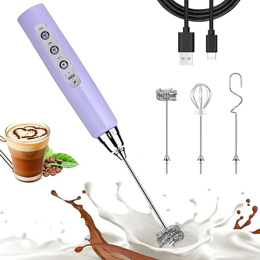 Nahida Light Purple Milk Frother Wand for Coffee, Frother Handheld Rechargeable Electric Whisk with 3 Heads 3 Speeds Drink Mixer Coffee Frother Foam Maker For Latte, Cappuccino, Hot Chocolate, Egg