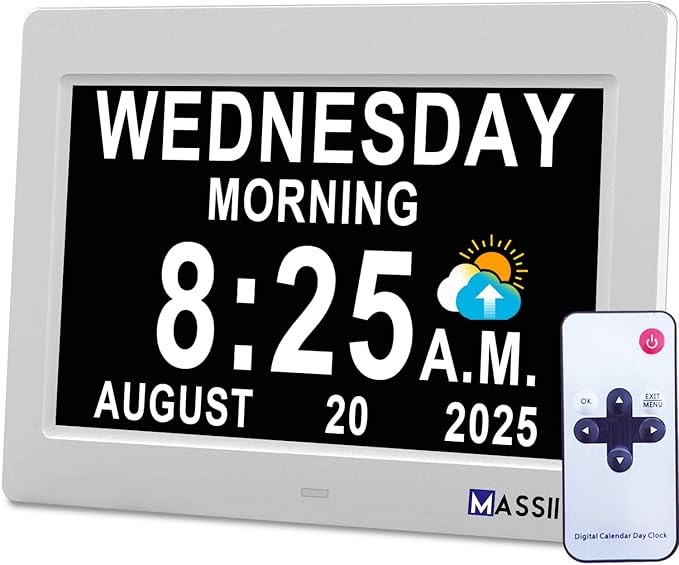 MASSII Dementia Clock with Date Time Voice Announcement, 27 Alarms Custom Reminders, Sleep Trainer, Auto DST, 10 Levels Night Dimmer, Large Talking Digital Calendar Clock for Elderly with 1.5M Adaptor