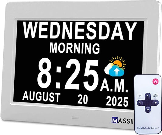 MASSII Dementia Clock with Date Time Voice Announcement, 27 Alarms Custom Reminders, Sleep Trainer, Auto DST, 10 Levels Night Dimmer, Large Talking Digital Calendar Clock for Elderly with 1.5M Adaptor