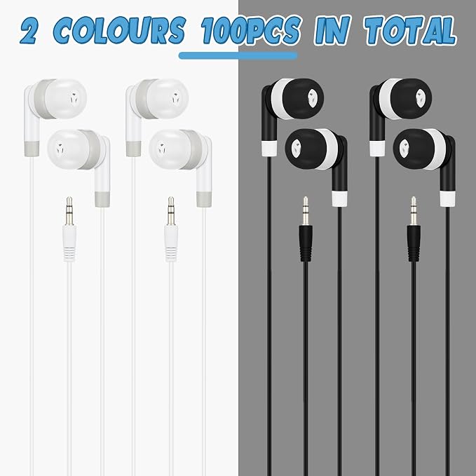 Kigeli 100 Pcs Kids Bulk Earbud Headphones for Classroom Student Wired Headphones in-Ear Earbud 3.5 mm Disposable Earphones Set for Kids Adult Class School Library Laptop (Black, Grey)