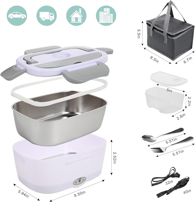 SOHIDA Electric Lunch Box Food Heater, White | 80W, 12V 24V 110V, Portable for Car Truck Work, Removable 304 Stainless Steel Container