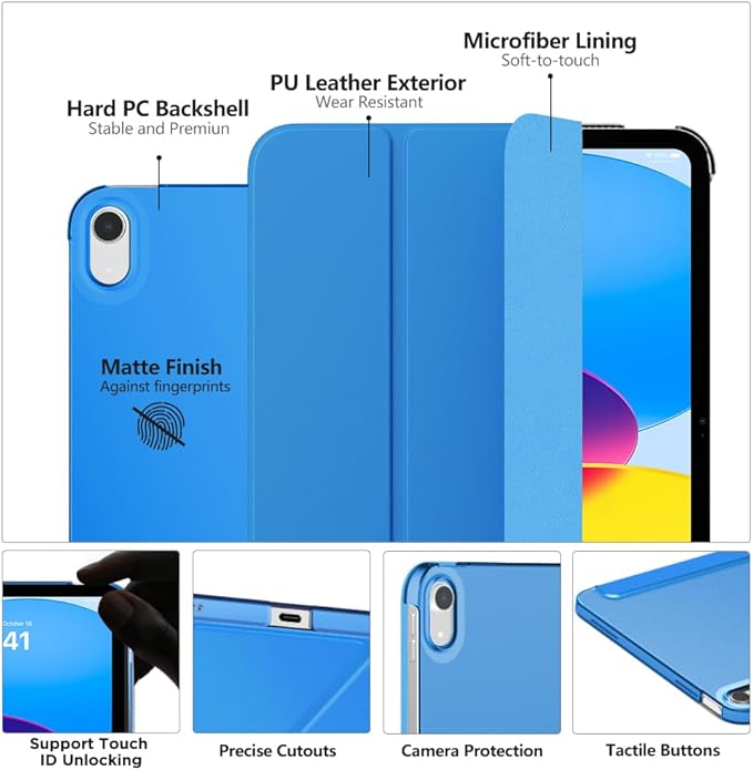 MoKo for iPad (A16) 11th Generation Case 11 Inch 2025, iPad 10th Generation Case 10.9 Inch 2022, Slim Stand Hard PC Translucent Back Shell Smart Cover, Support Touch ID, Auto Wake/Sleep, Blue Wave