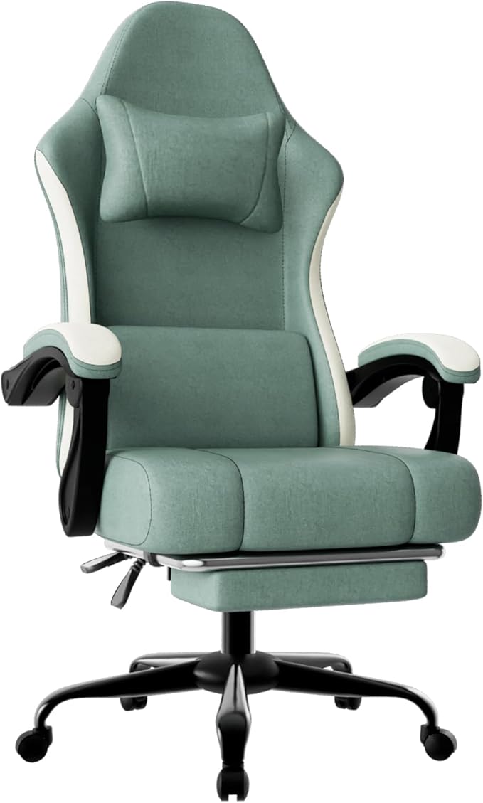 Gaming Chair, High Back Fabric Computer Chair with Pocketed Spring Cushion and Footrest, Height Adjustable Game Chair with Headrest and Lumbar Support (Beige & Blue)